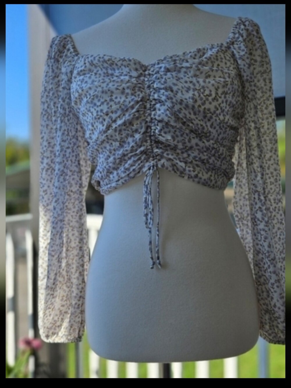 Cotton Candy LA Floral Crop Top Size M Zip Closure tie Sheer LS Peasant Cottage